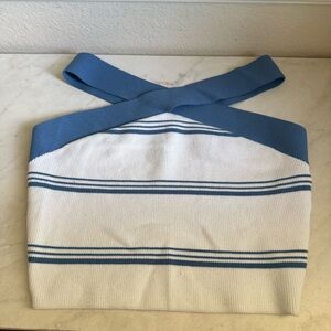 Babaton White Crop Top with Blue Stripes